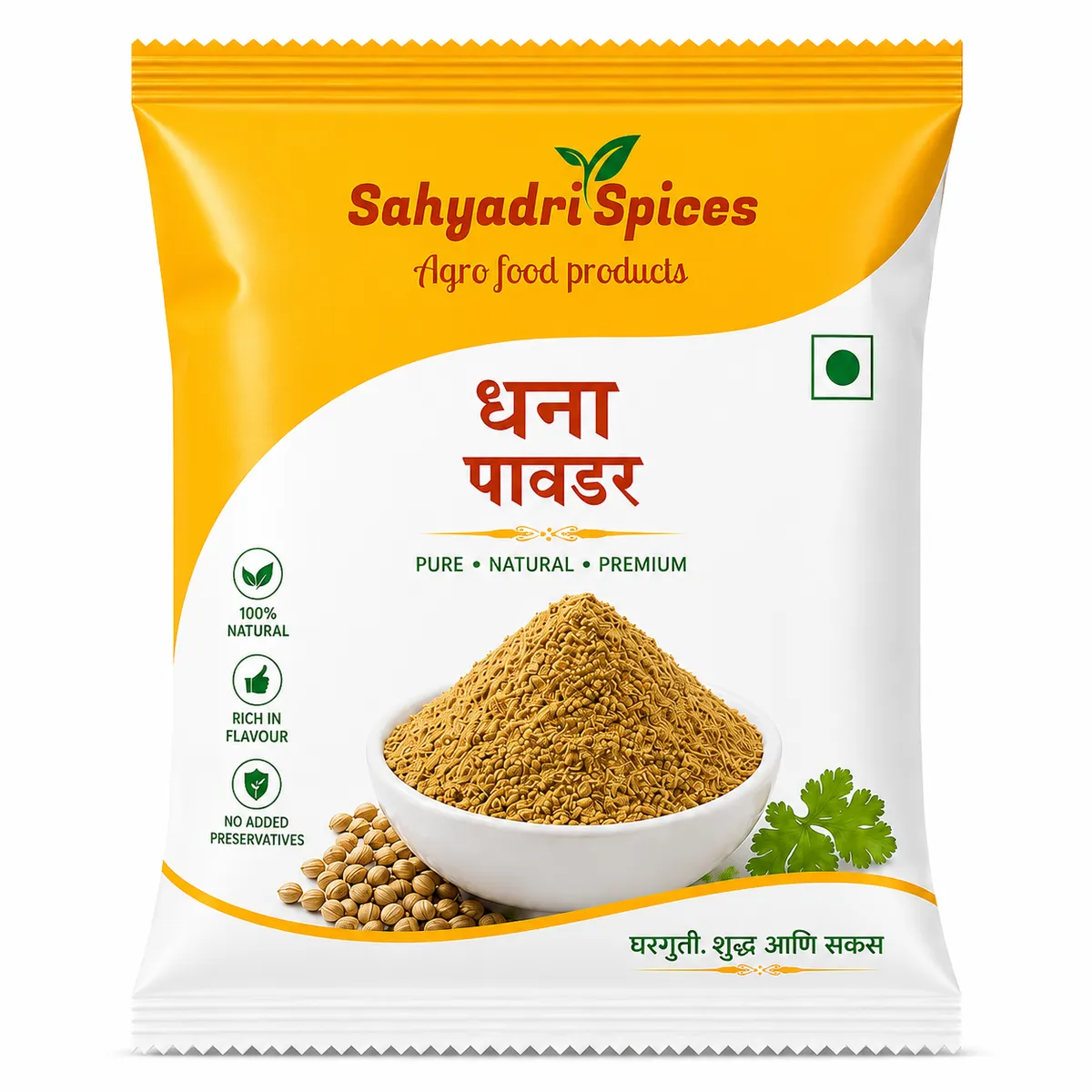 Sahyadri Spices Dhana Powder 500gm – Pure Coriander Powder Made from Premium Quality Coriander Seeds for Fresh Aroma and Authentic Indian Cooking.